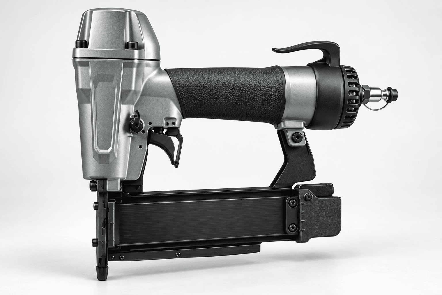 Original brand-neutral three-quarter rendering of a compact pneumatic 23-gauge pin nailer with cylindrical driver head, sequential controls, straight magazine, slim nose and rear air inlet.
