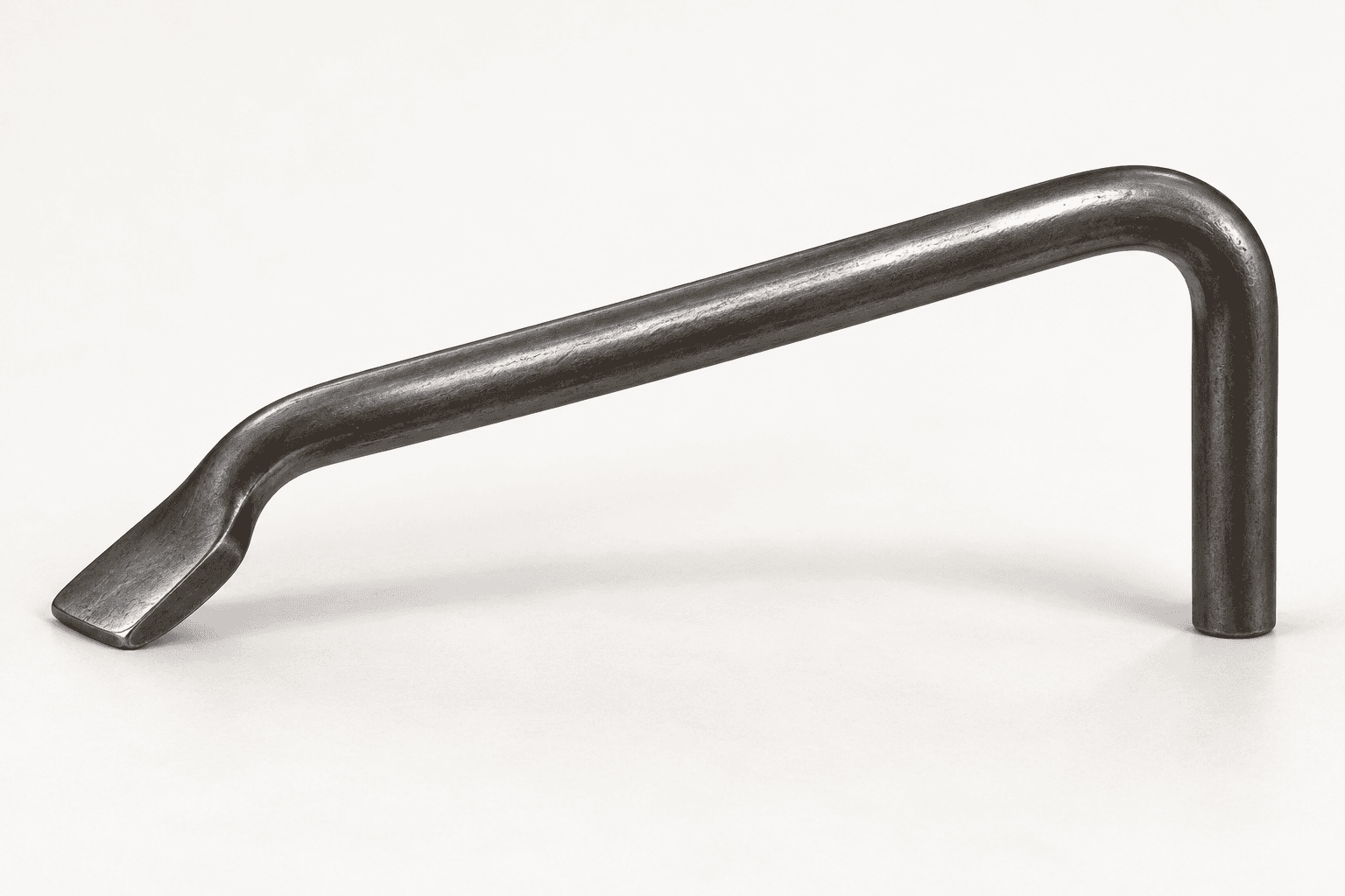 Original brand-neutral three-quarter studio rendering of one intact formed-steel bench holdfast with vertical post, sweeping arm and flattened foot.