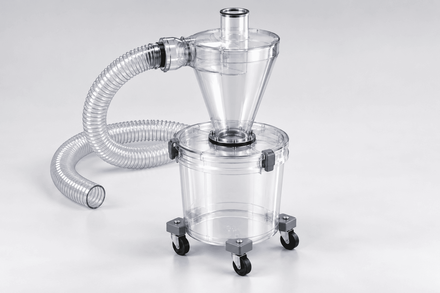 Original three-quarter studio rendering of a clear cyclone separator on a transparent five-gallon latching bucket with caster base and flexible clear hose, without branding.