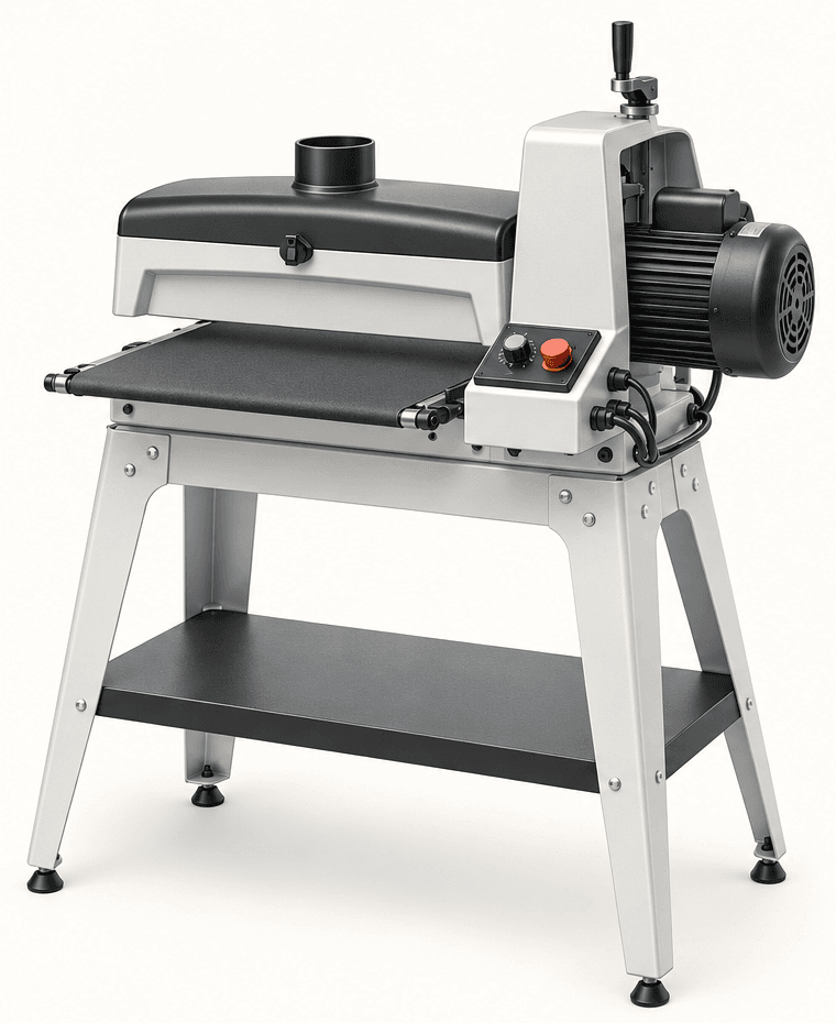 Original illustration of a complete brand-neutral single-drum open-end sander with dust hood, conveyor, height handwheel, motor and stand.