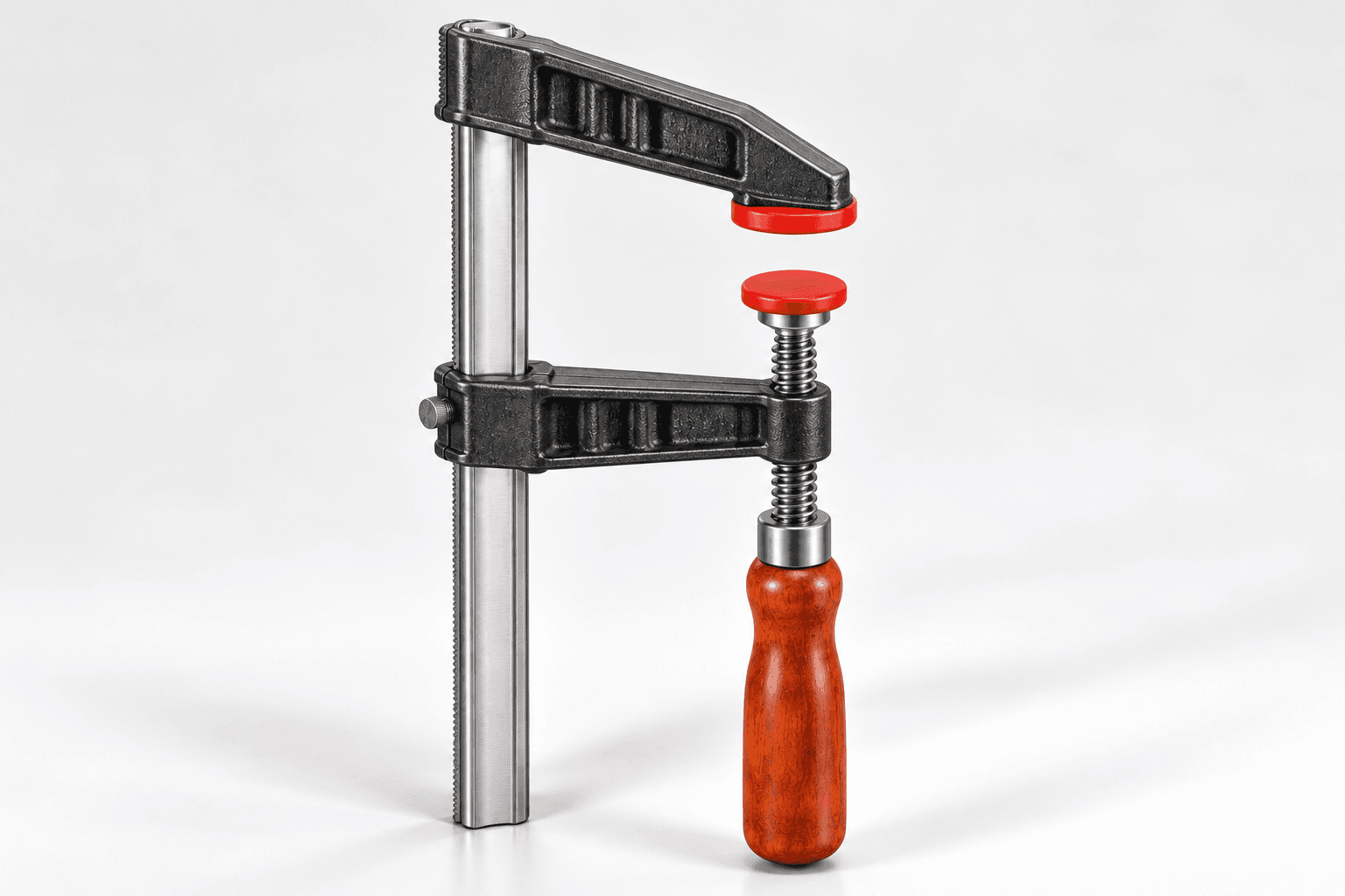 Original realistic brand-neutral three-quarter illustration of a complete 12-inch F-style bar clamp with one profiled steel rail, fixed and sliding cast jaws, Acme spindle, wooden handle and protective pads.