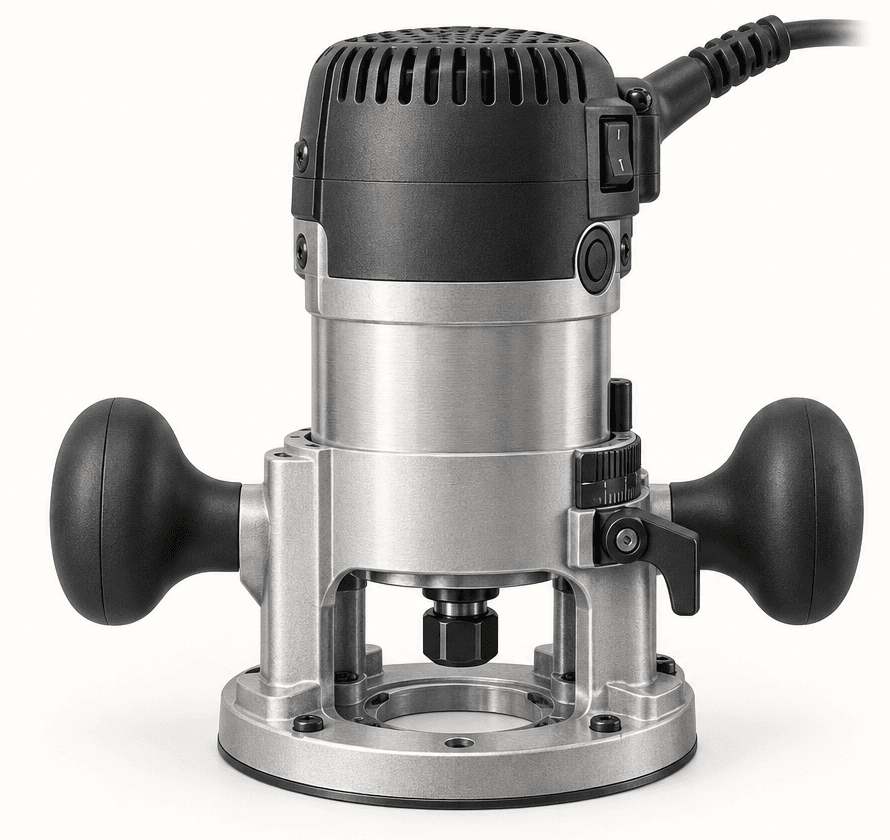 Original illustration of a complete brand-neutral full-size fixed-base router with twin knobs, fixed base, collet and cord.