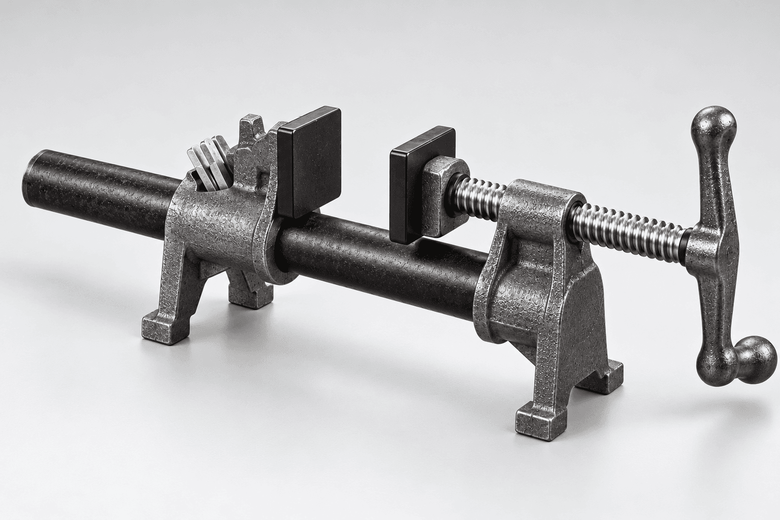 Original brand-neutral three-quarter studio rendering of an H-foot pipe clamp with cast front and rear jaws, black iron pipe, exposed clutch plates, Acme spindle, soft pads and T handle.