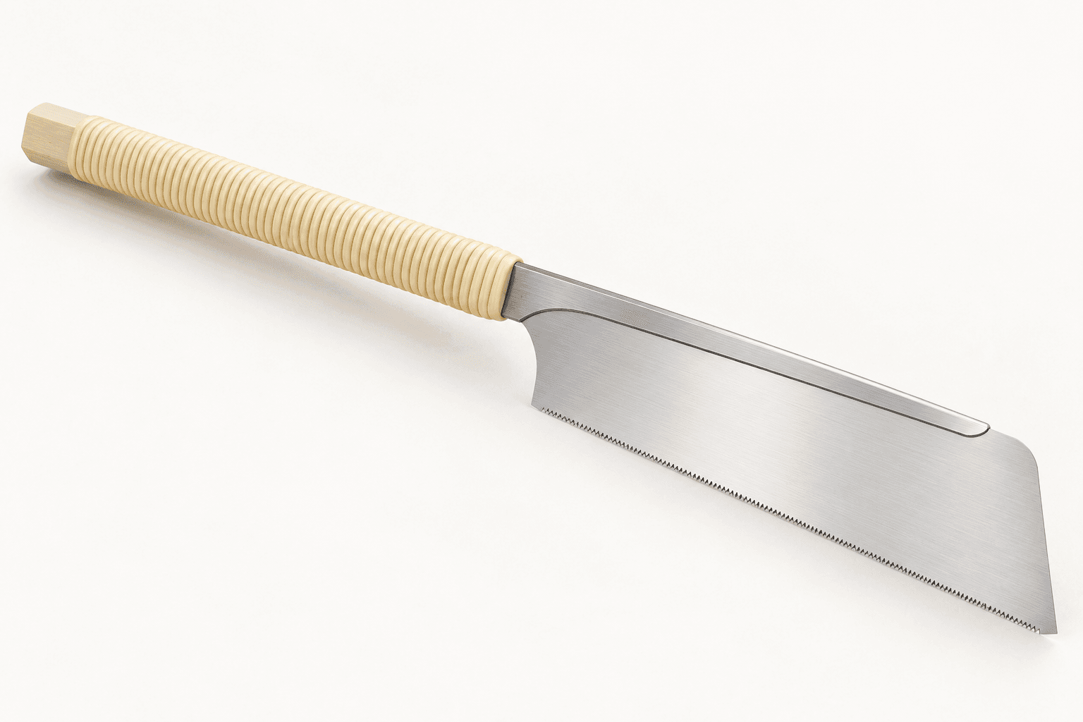 Original brand-neutral three-quarter studio rendering of a complete Dozuki-style Japanese pull saw with long wrapped handle, rigid back and thin fine-toothed blade.