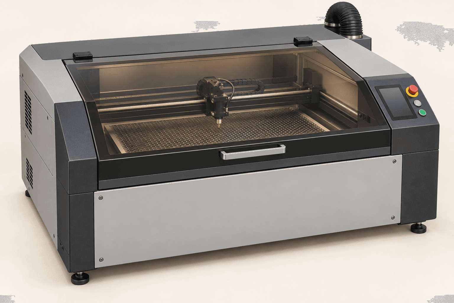 Original brand-neutral illustration of a complete enclosed CO2 laser cutter with viewing lid, head, workbed, controls and exhaust connection.