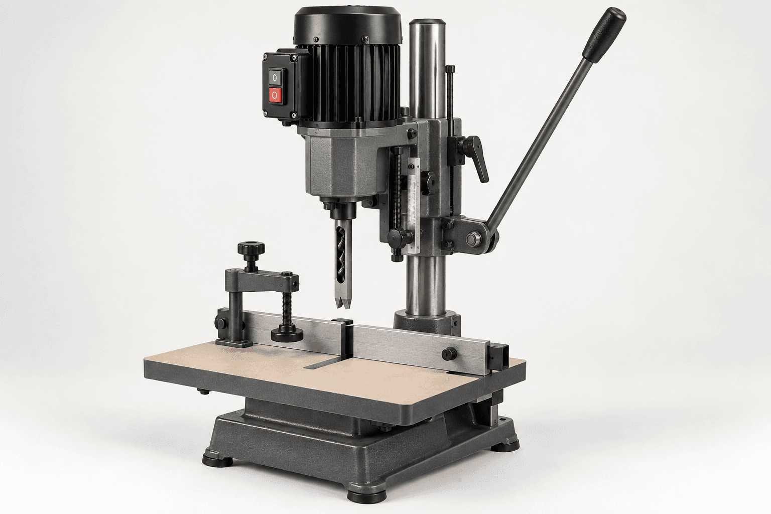 Original brand-neutral illustration of a complete benchtop hollow-chisel mortising machine with feed lever, fence, hold-down and table.