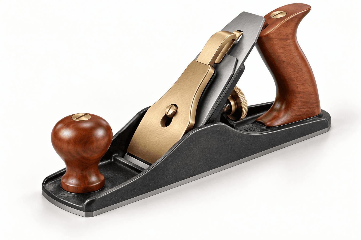 Original brand-neutral realistic three-quarter illustration of a complete No. 4 iron smoothing plane with cherry front knob and rear tote, bronze cam lever cap and steel blade stack.