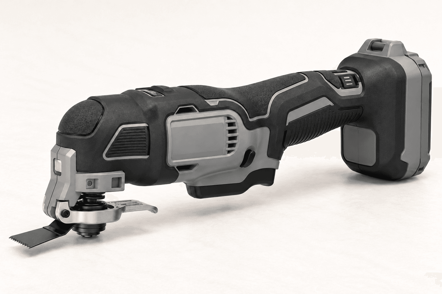 Original brand-neutral three-quarter rendering of a complete cordless oscillating multi-tool with front blade clamp, flat cutting blade, front LED, variable trigger, three-speed selector and rear battery pack.