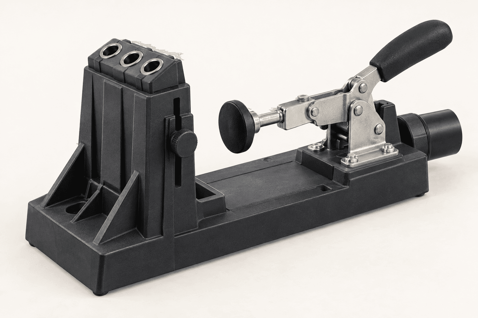Original brand-neutral illustration of a complete bench-mounted pocket-hole jig with three-hole drill guide and toggle clamp.
