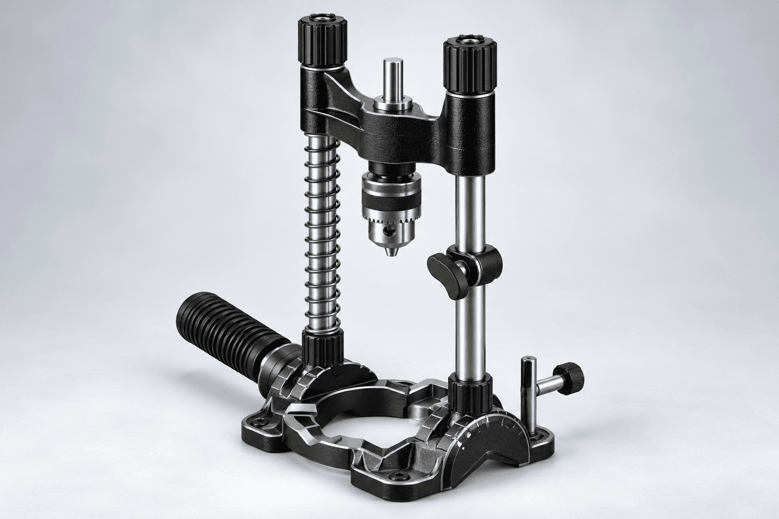Original brand-neutral three-quarter studio illustration of a portable drill guide with cast angle base, twin rods, one support spring, sliding guide head, spindle, keyed chuck and side handle.