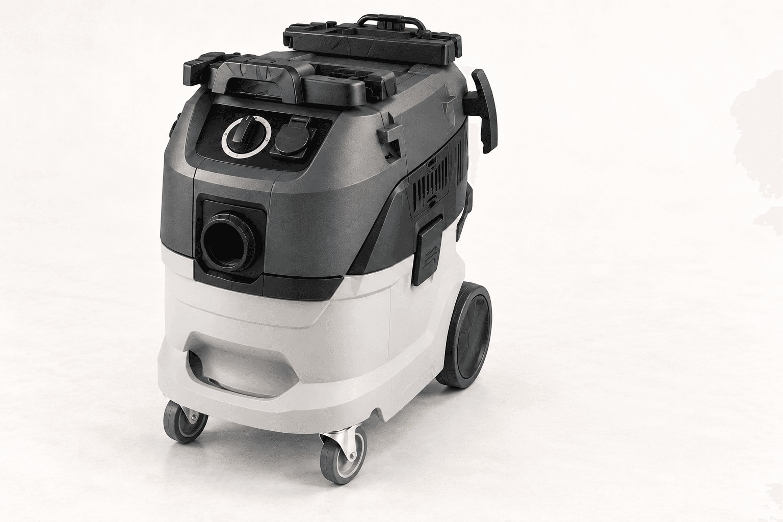 Original brand-neutral realistic three-quarter rendering of a complete wheeled portable dust extractor with top motor head, controls, front hose inlet and collection container.