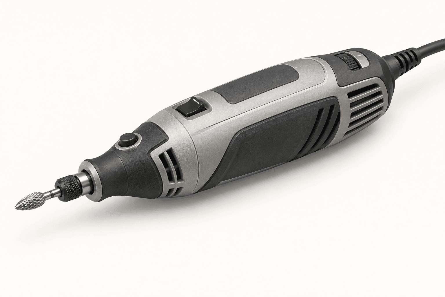 Original brand-neutral illustration of a complete corded rotary carving tool with a small fitted burr and guarded housing.