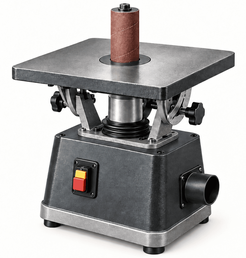 Original illustration of a complete brand-neutral benchtop oscillating spindle sander with tilting table, sleeve, enclosed base, switch and dust port.