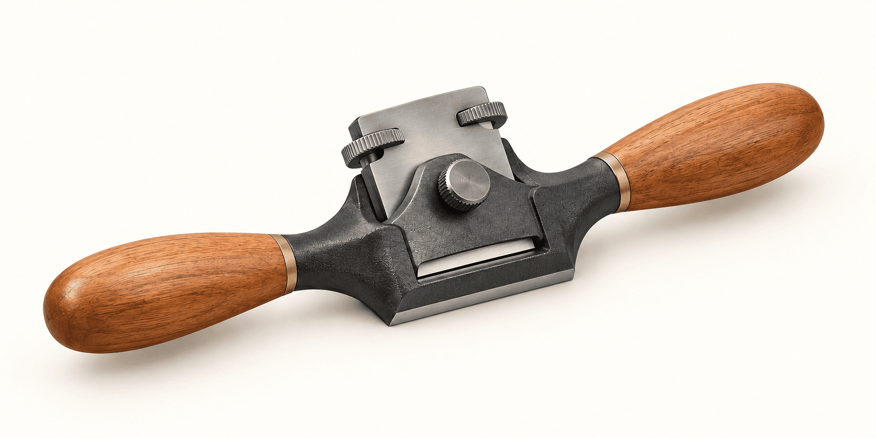 Original brand-neutral illustration of a complete flat-soled spokeshave with two wooden handles, central blade and adjustment knobs.