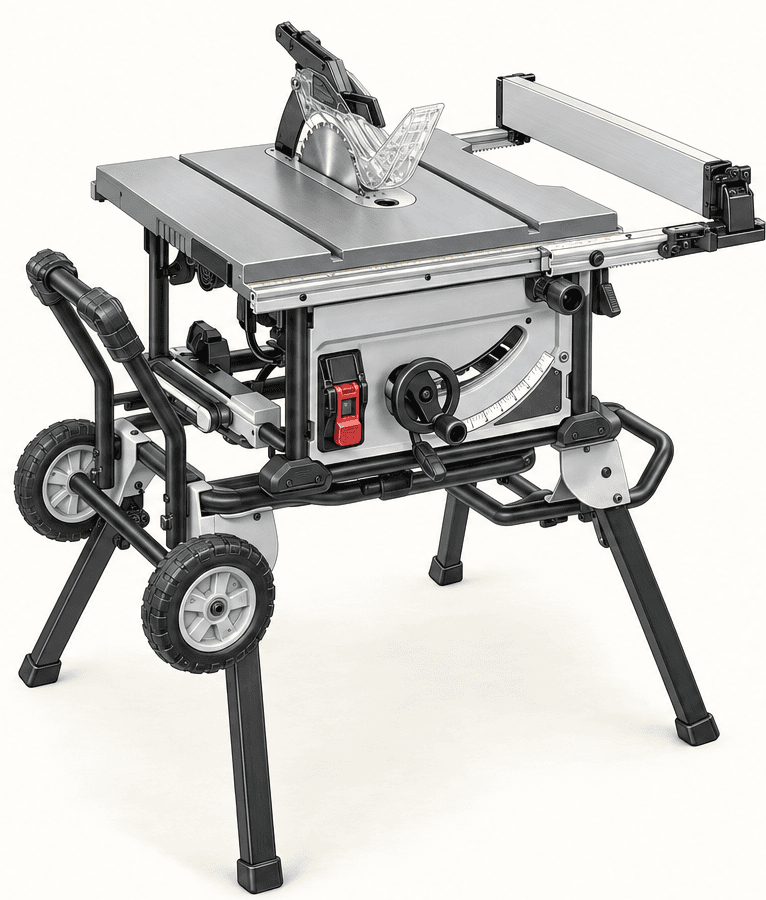 Original illustration of a complete brand-neutral portable table saw on a rolling stand with blade guard, riving knife, rip fence and controls.
