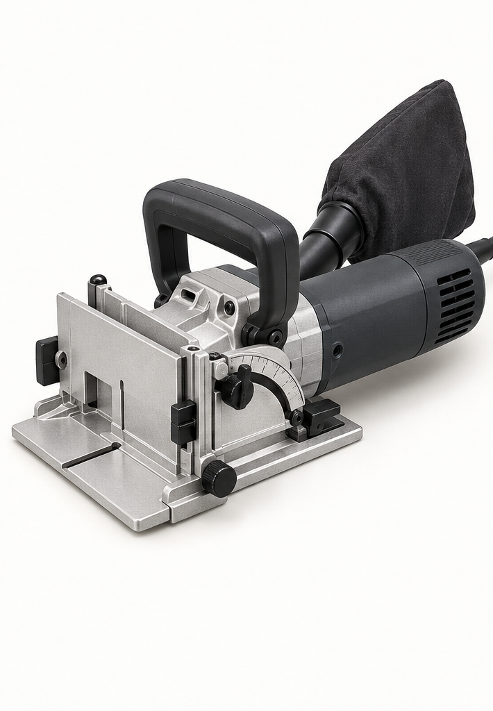 Original brand-neutral illustration of a complete biscuit joiner with top handle, adjustable fence, base shoe, motor housing and dust bag.