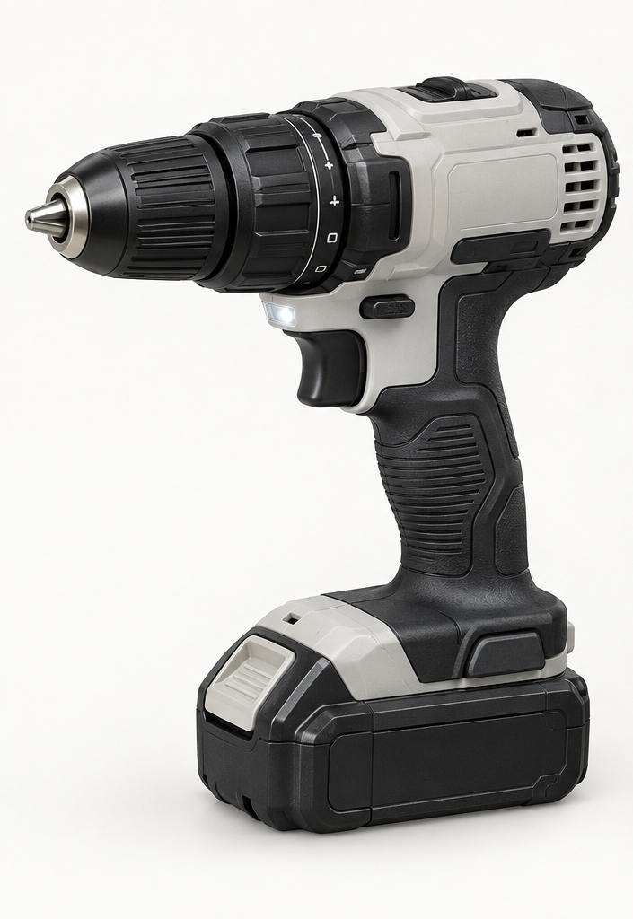 Original brand-neutral illustration of a complete cordless drill and driver with keyless chuck, torque collar, two-speed selector, trigger, worklight and attached battery.
