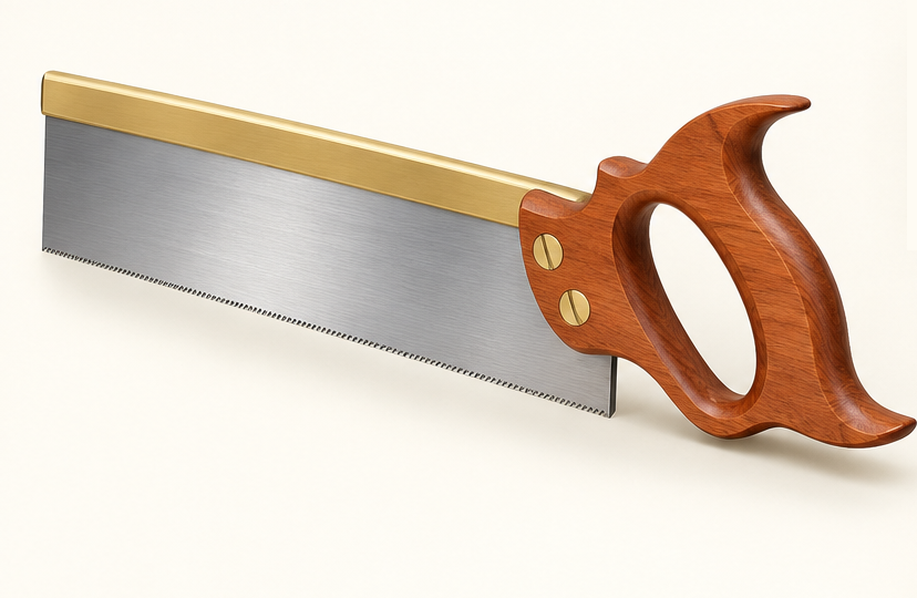 Original brand-neutral illustration of a complete open-handle dovetail saw with brass back, steel blade, fine teeth and wooden grip.