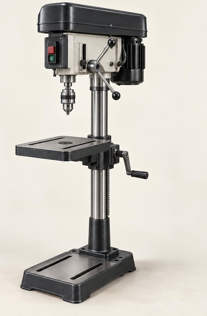 Original brand-neutral illustration of a complete floor drill press with belt cover, feed handles, chuck, adjustable table, column and base.