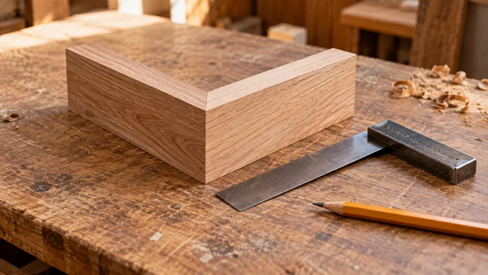Fitted wooden corner and try square on a workbench