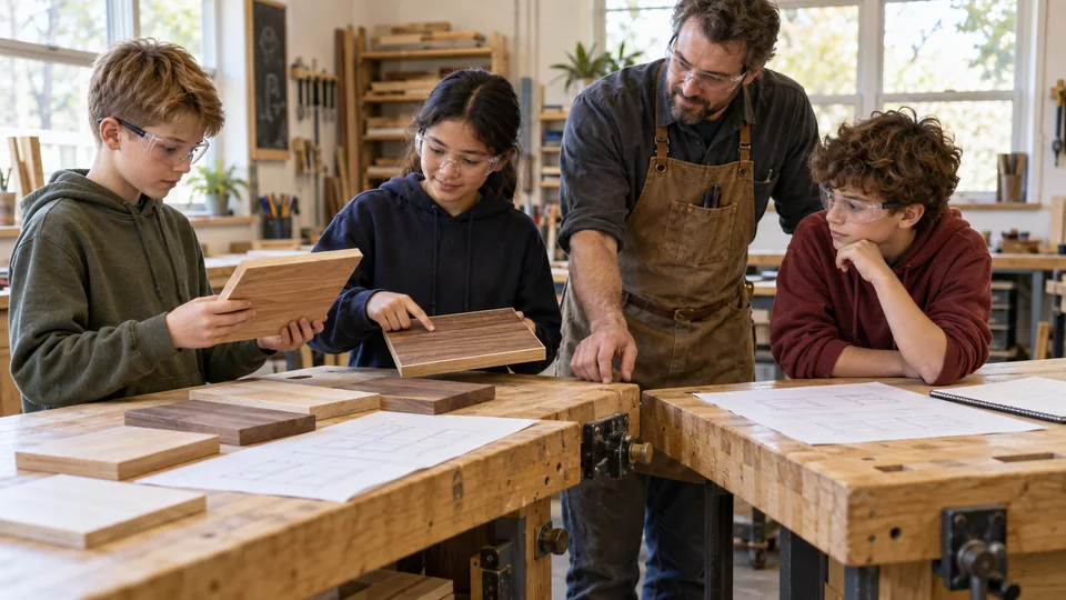 Adult guiding three young makers as they compare wood samples