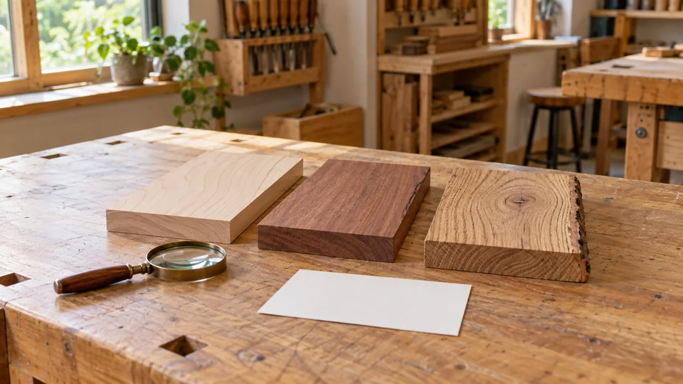 Three wood samples and a magnifier ready for close observation