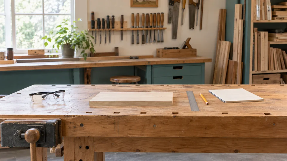 Prepared workbench with safety glasses, board, ruler and blank plan