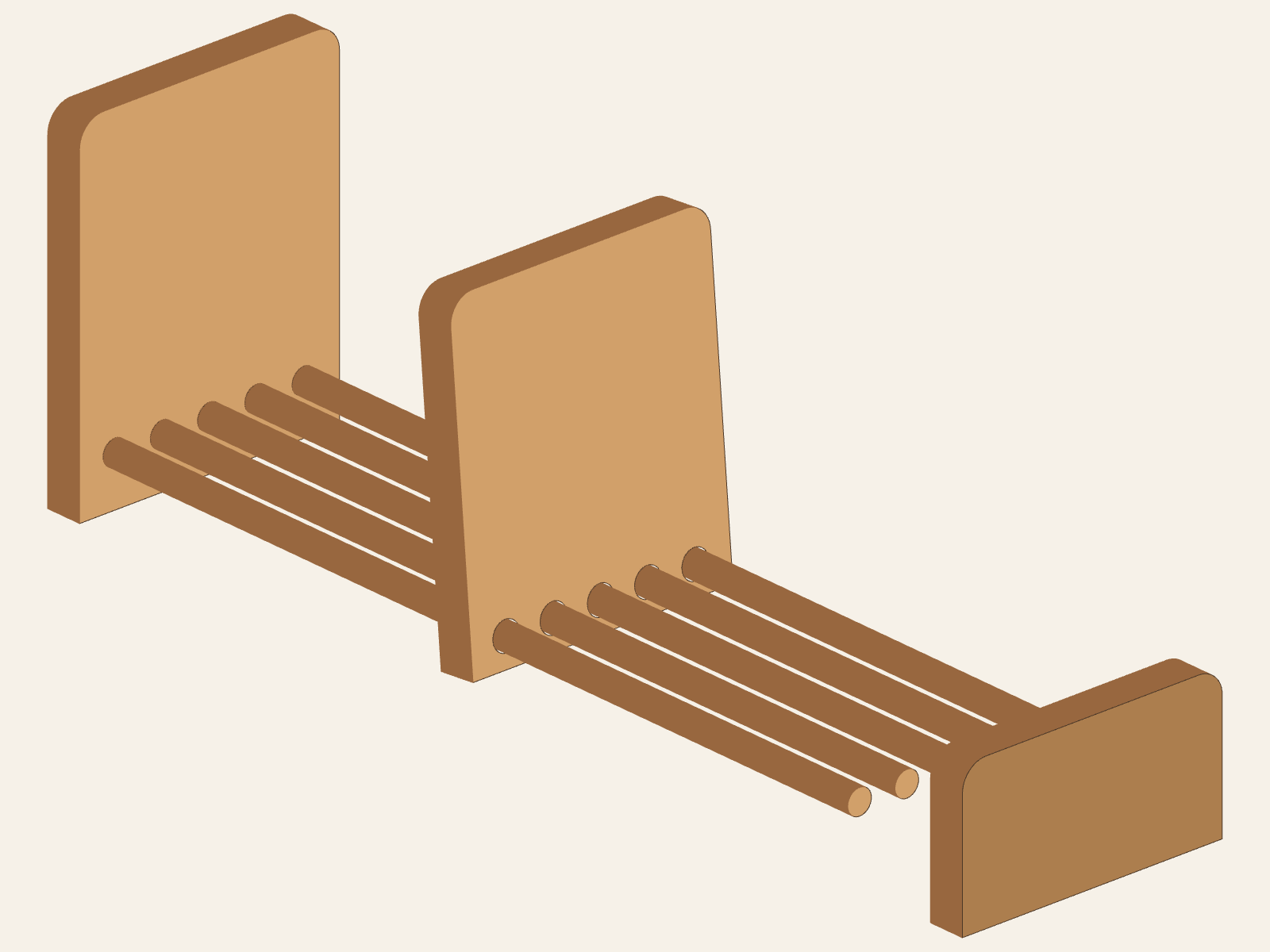 Large A and adjustable C on five rods, with small B aligned just beyond the free rod ends before closure.