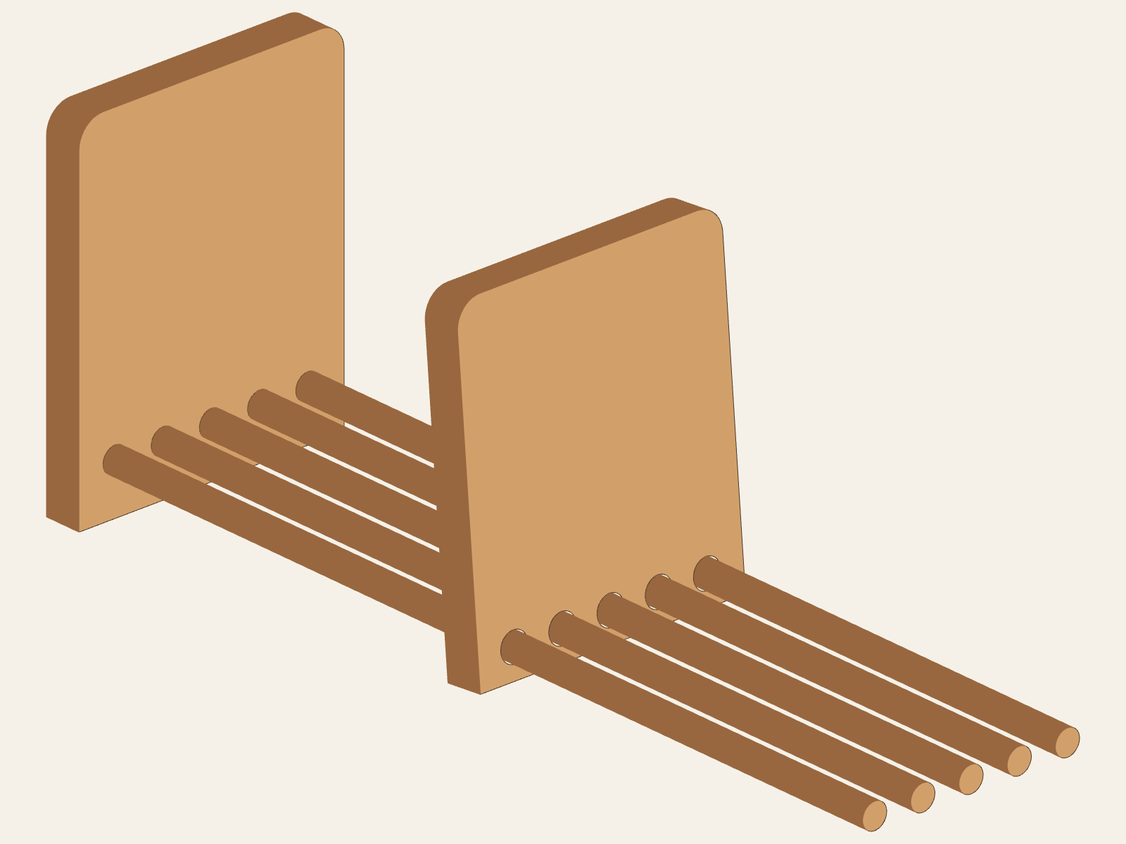 Large A end and five D dowels with the tilted C adjustable end positioned partway along them; B is still absent.