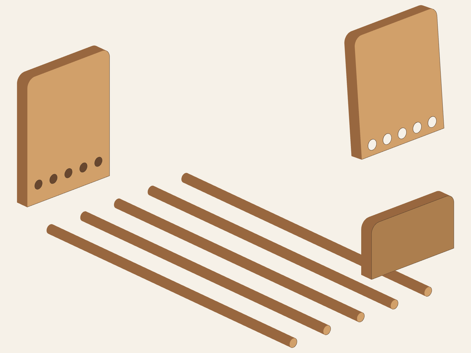 A, B, and C end pieces and five separate dowels arranged apart without rescaling; A has five blind-hole marks, B has five blind-hole marks, and C has five through-holes.