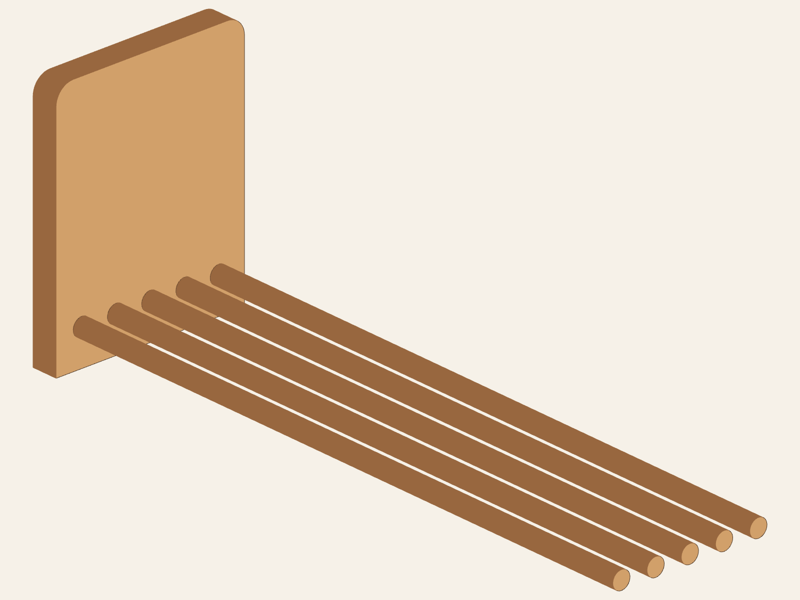 Large A end with five equal straight D dowels extending toward the unclosed end; C and B are not present yet.